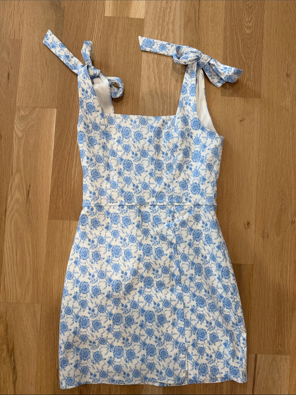 Altar'd State White and Blue Floral Tie-Shoulder Mini Dress